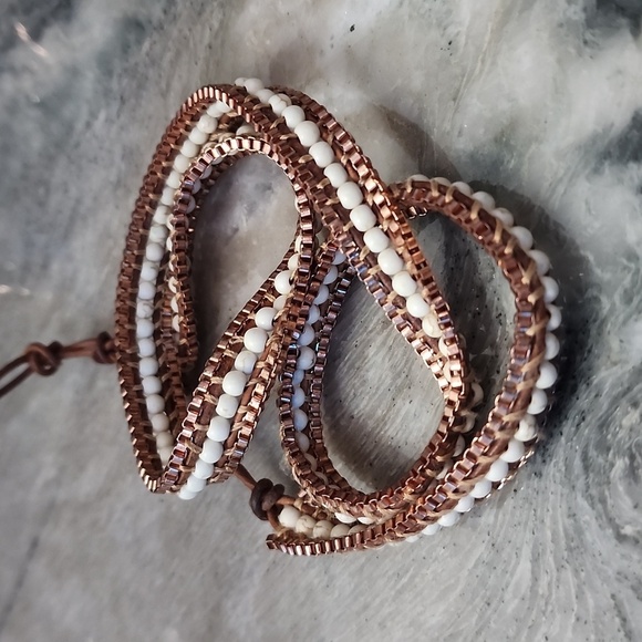 Ginger - Copper & White Beads with Tan Leather - Triple Wrap Bracelet - Picture 3 of 4